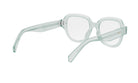 A pair of clear, mint green-colored eyeglasses with a sleek, modern design.