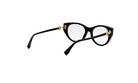 A pair of black cat-eye framed glasses with gold accents.