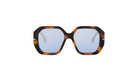 A pair of stylish sunglasses with a tortoiseshell frame and blue lenses.