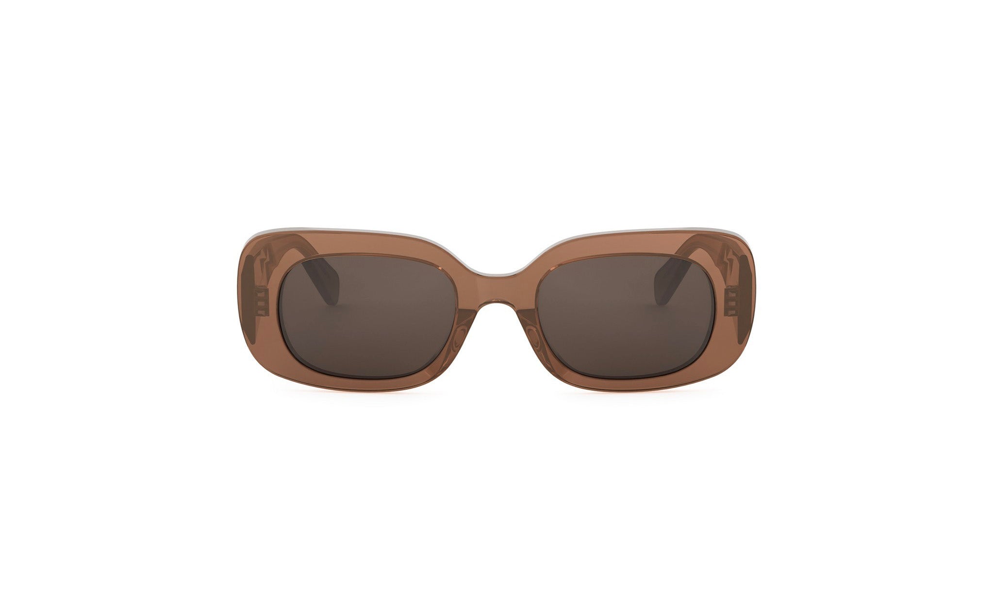 A pair of brown framed sunglasses with dark lenses.