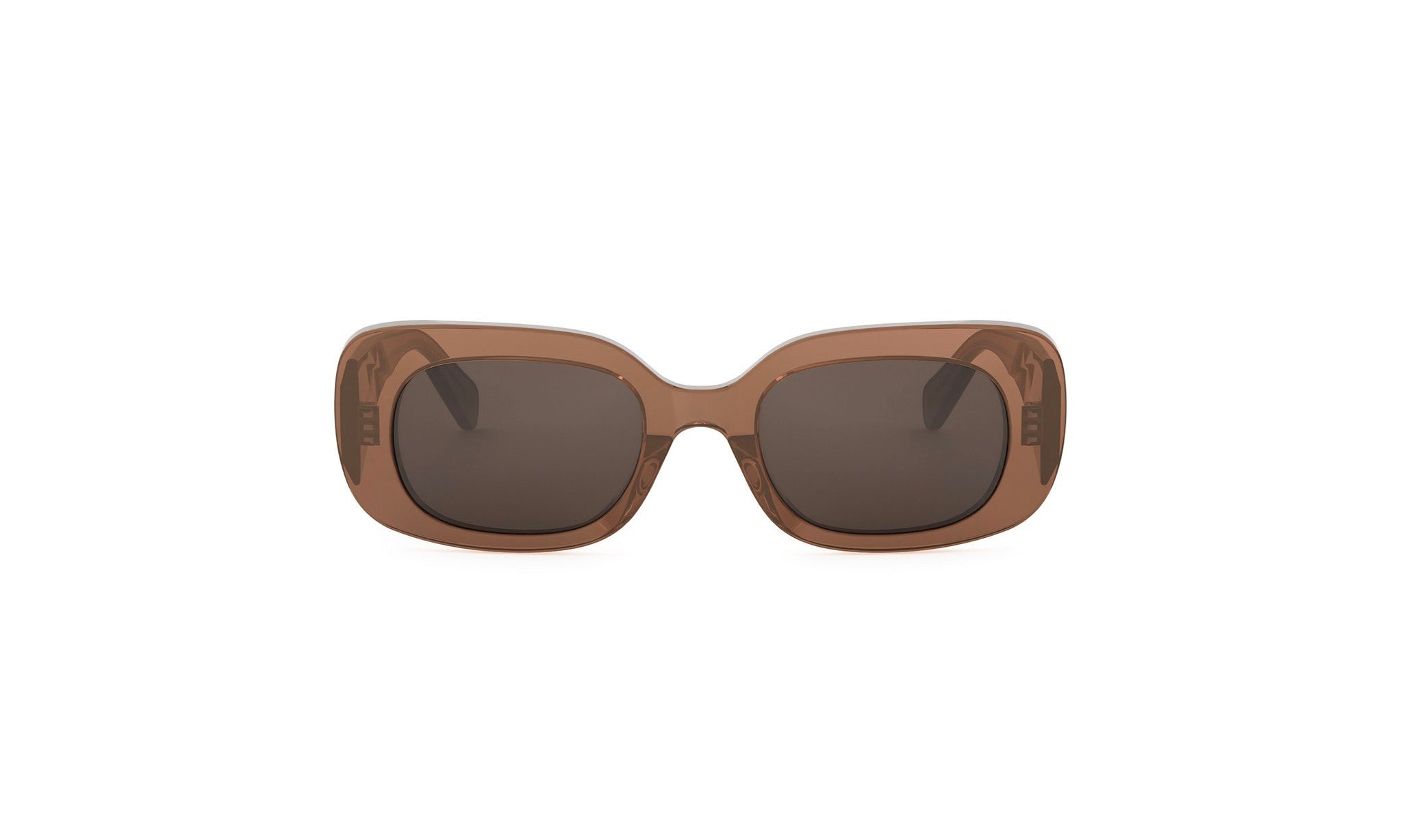 A pair of brown framed sunglasses with dark lenses.