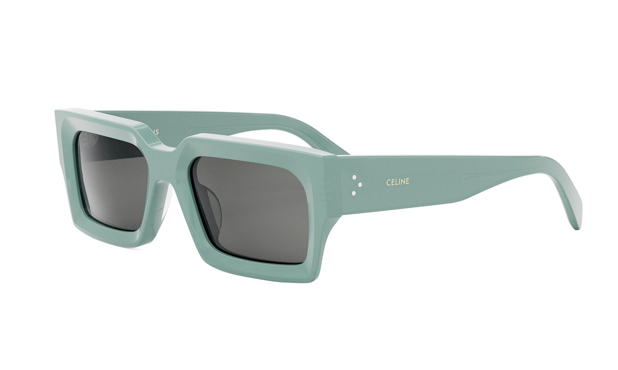 A pair of green-framed sunglasses with dark lenses.