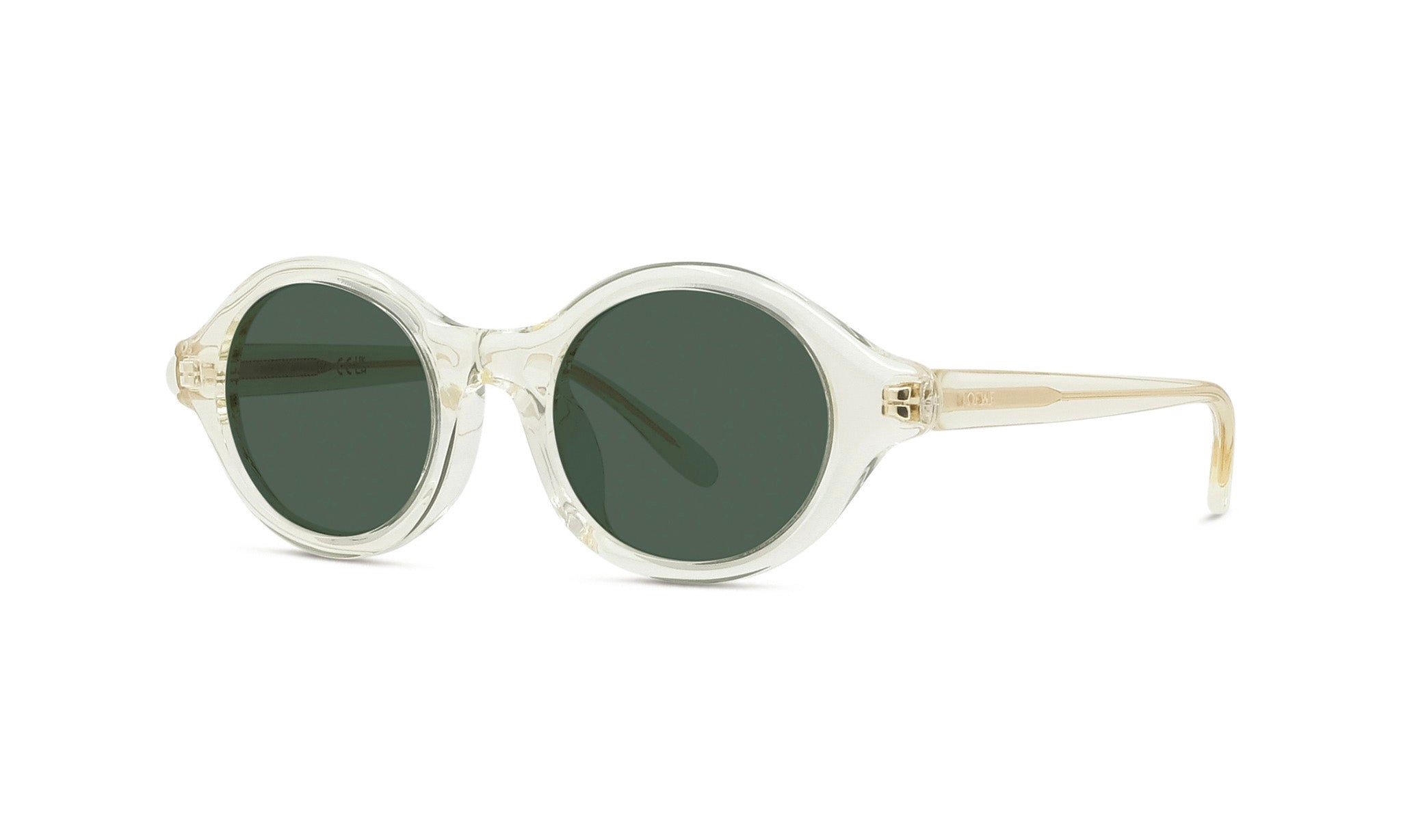 A pair of clear sunglasses with dark green lenses.