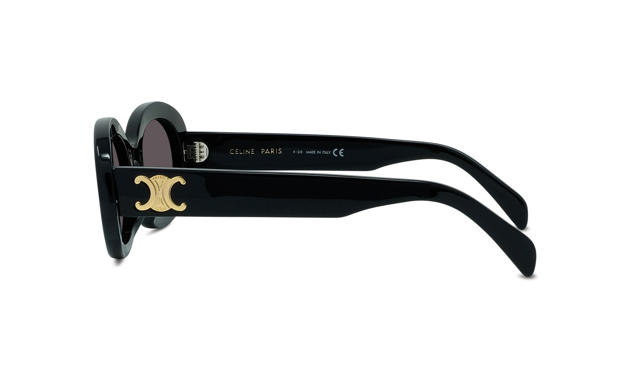 A pair of black sunglasses with a gold Celine Paris logo on the frame.