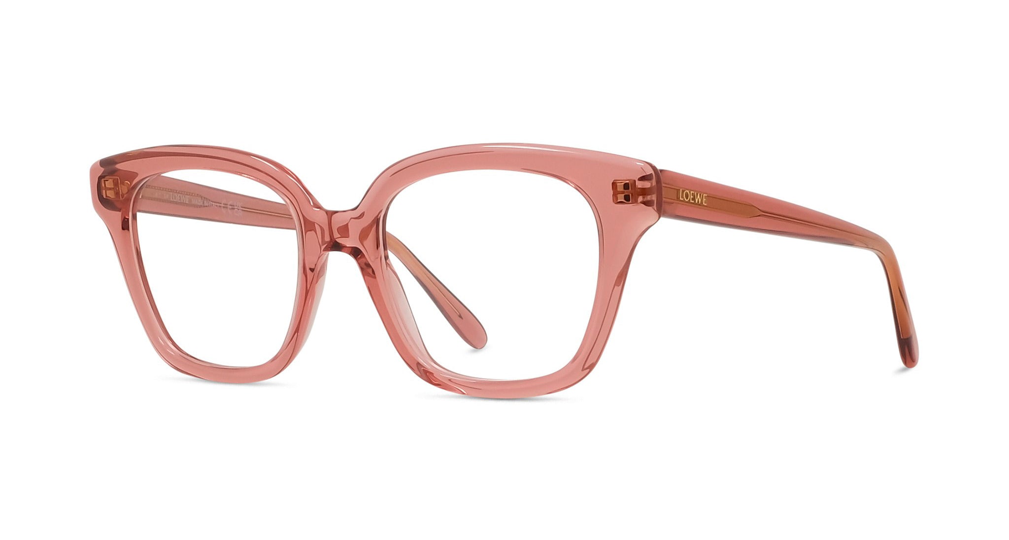 A pair of pink-framed glasses with a clear lens.