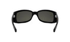 A pair of black sunglasses with dark lenses.
