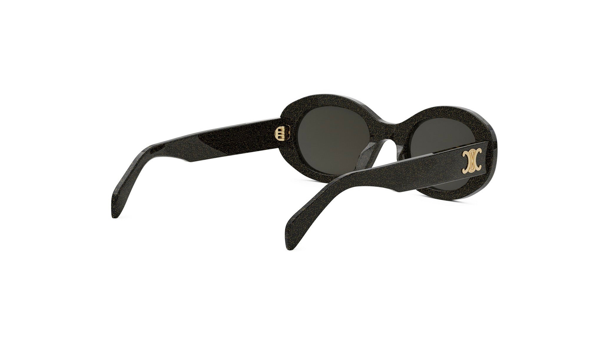A pair of black sunglasses with gold accents.