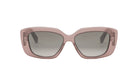 A pair of stylish sunglasses with a pink frame and dark lenses.