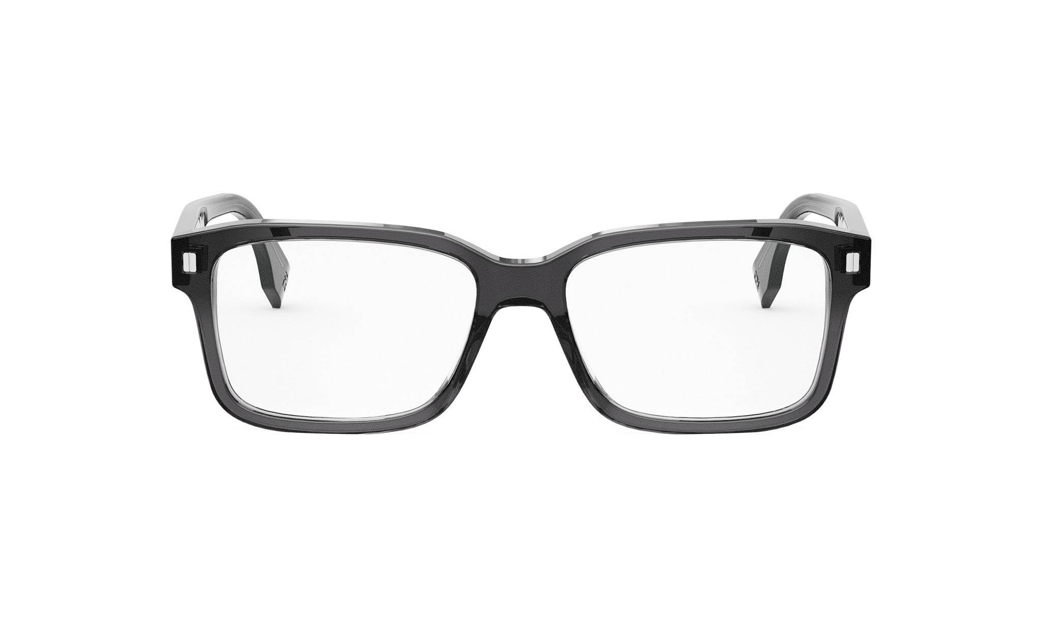 A pair of black-framed glasses with clear lenses, set against a white background.