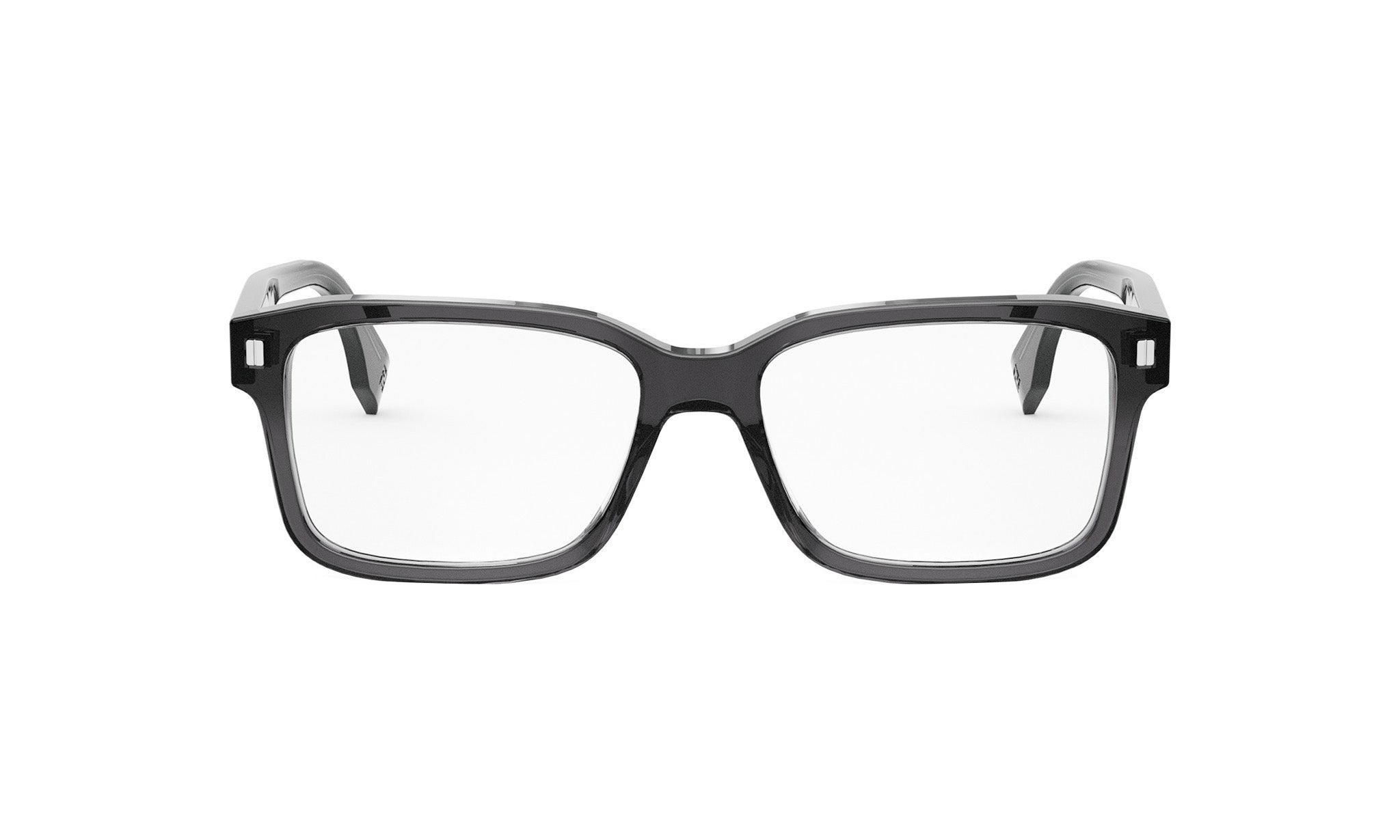 A pair of black-framed glasses with clear lenses, set against a white background.