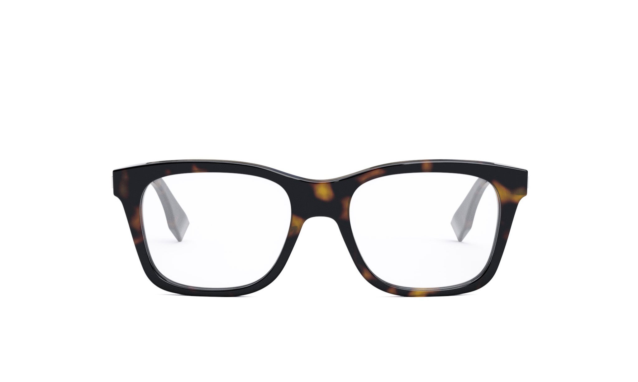 A pair of tortoiseshell-framed glasses with a dark frame and clear lenses.