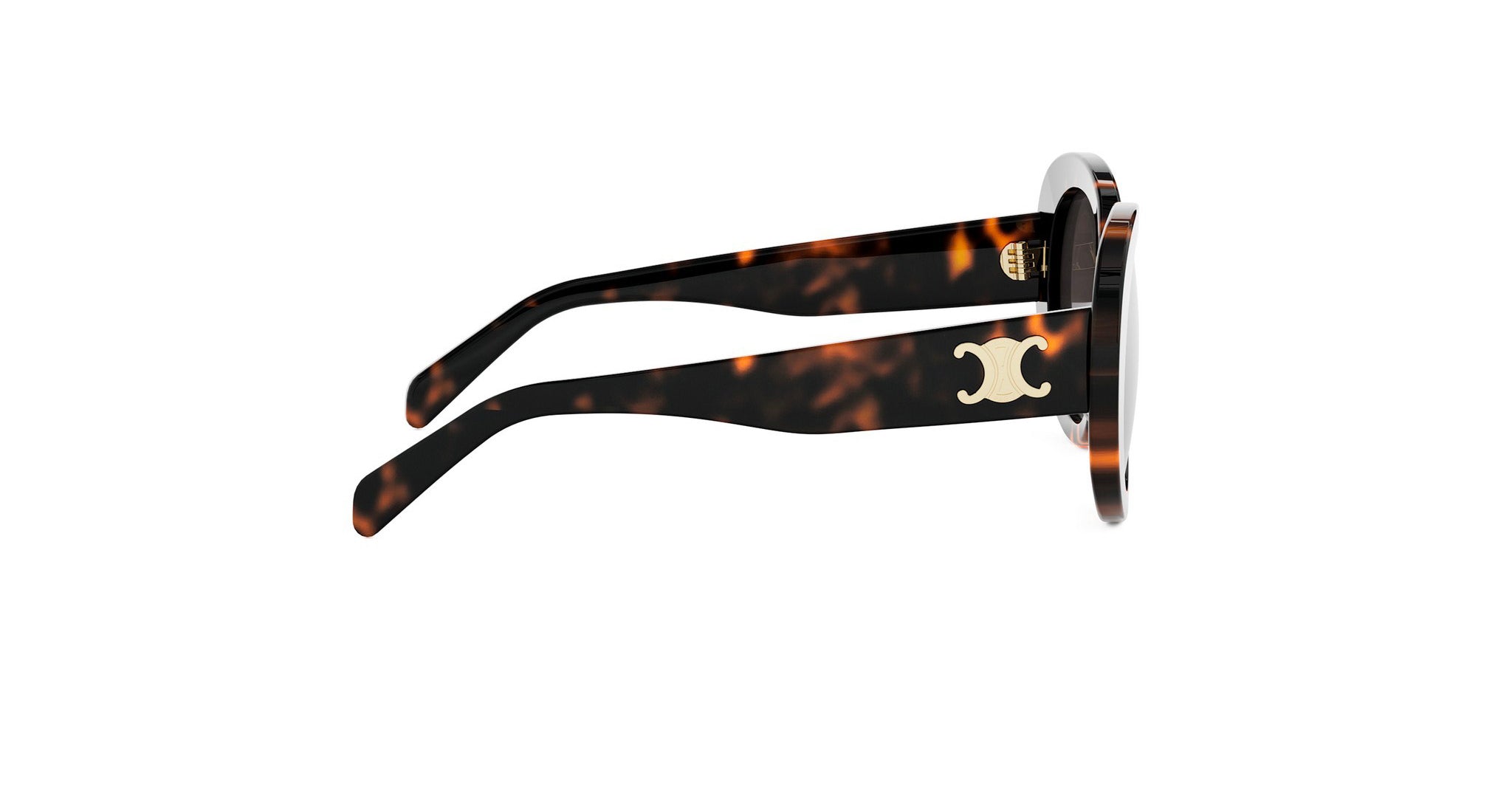 A pair of sunglasses with a tortoiseshell frame and a white logo on the side.