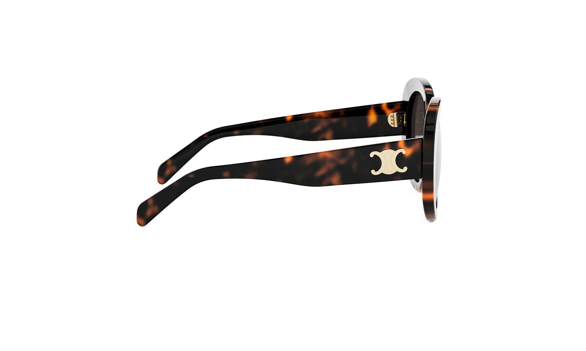 A pair of sunglasses with a tortoiseshell frame and a white logo on the side.