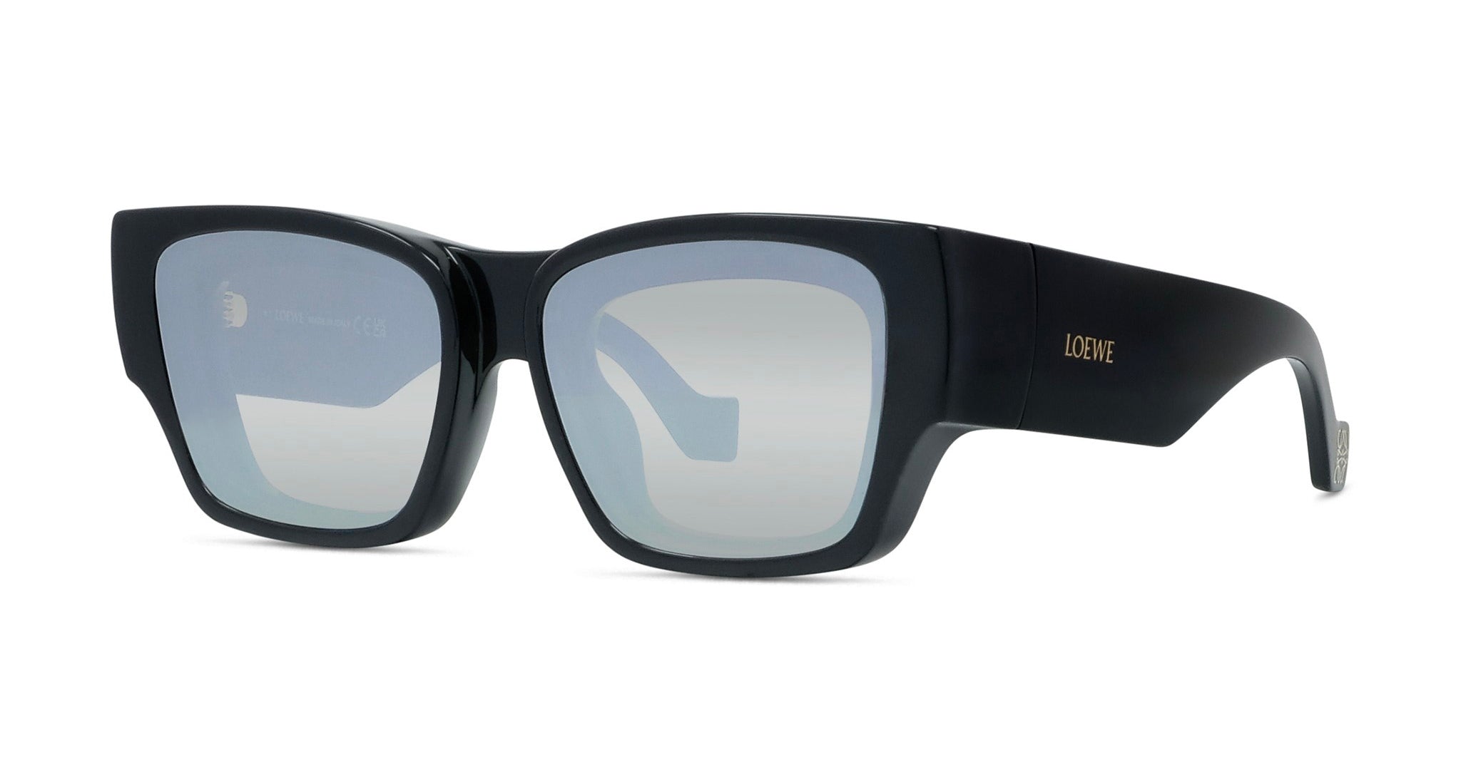 A pair of black sunglasses with a mirrored frame.