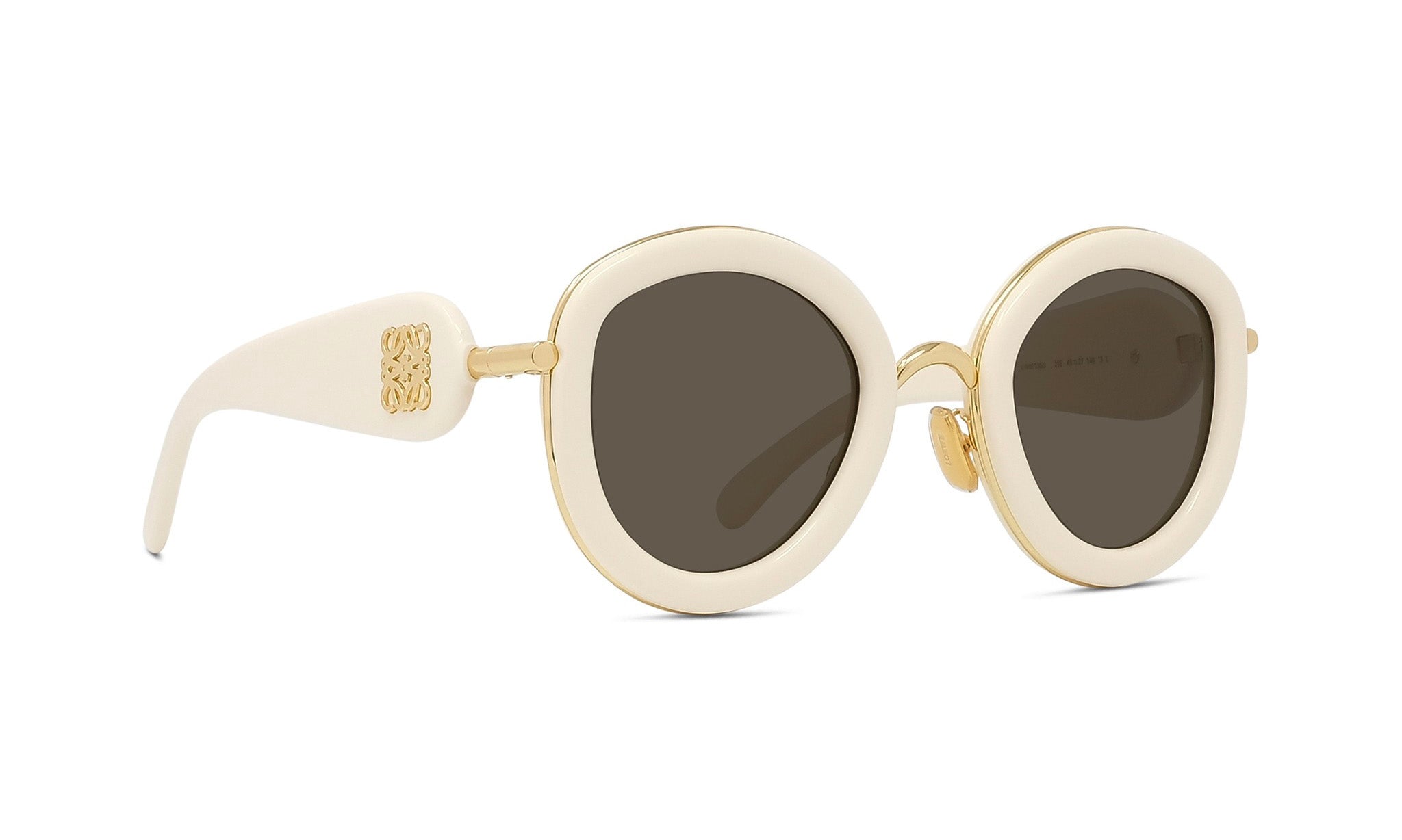A pair of white, round sunglasses with dark lenses.