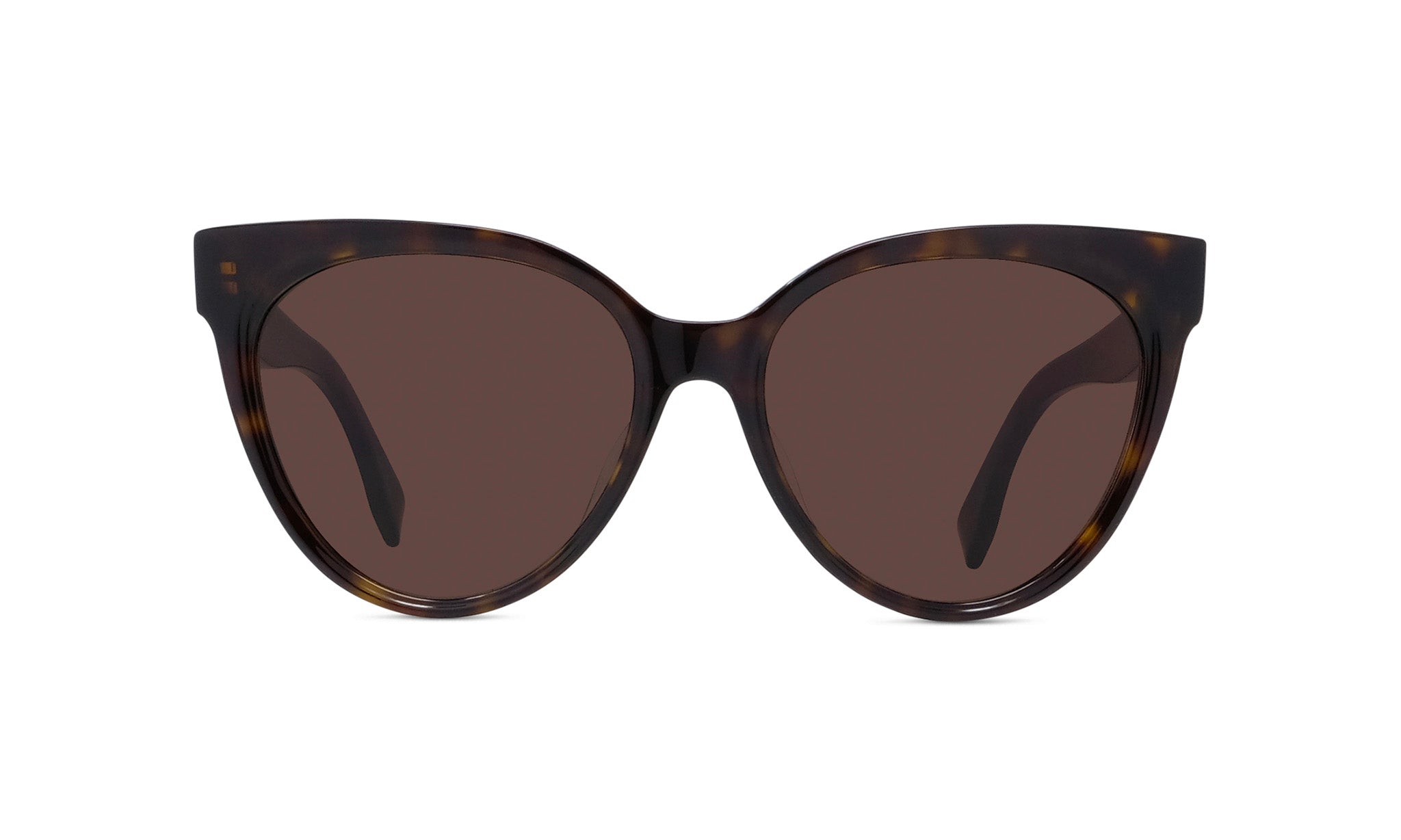 A pair of brown cat-eye sunglasses with dark brown temples and dark brown lenses.