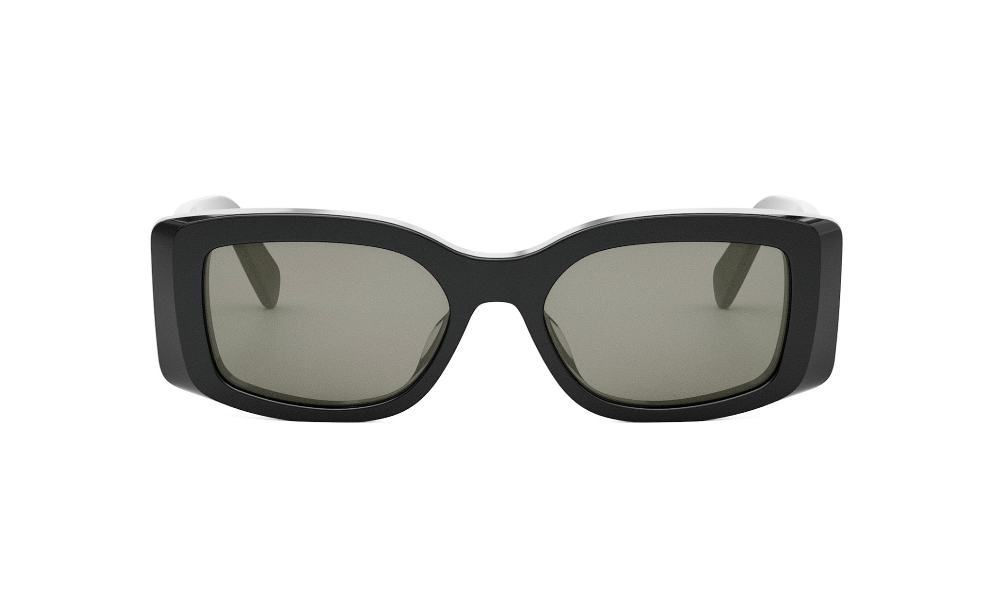 A pair of black rectangular sunglasses with dark lenses.