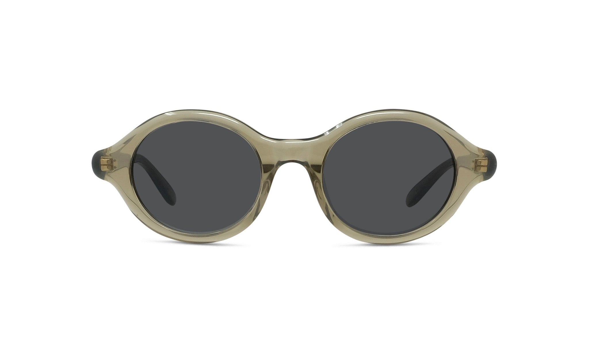 A pair of round sunglasses with dark lenses.