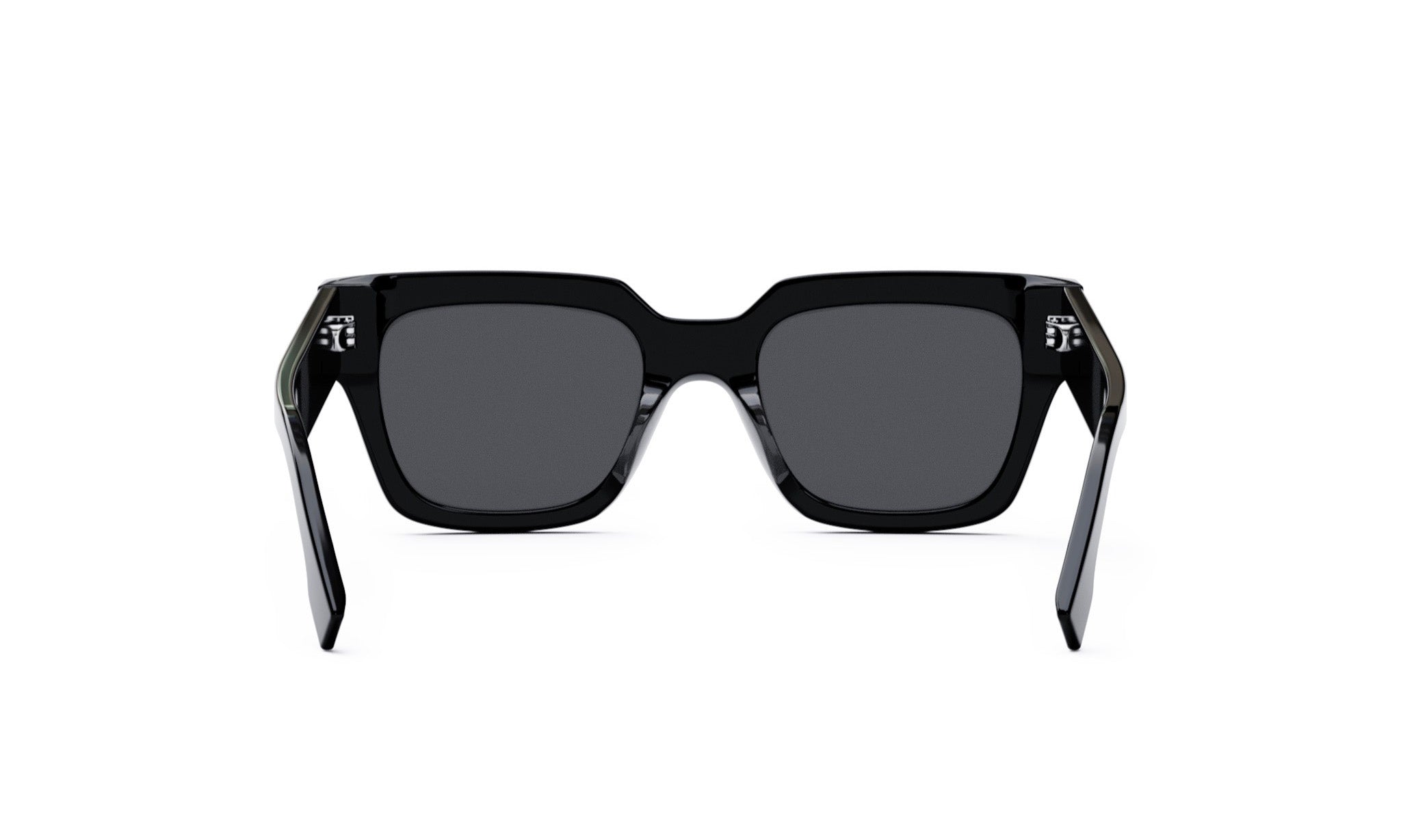 A pair of black sunglasses with dark lenses.
