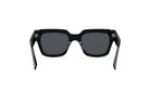 A pair of black sunglasses with dark lenses.