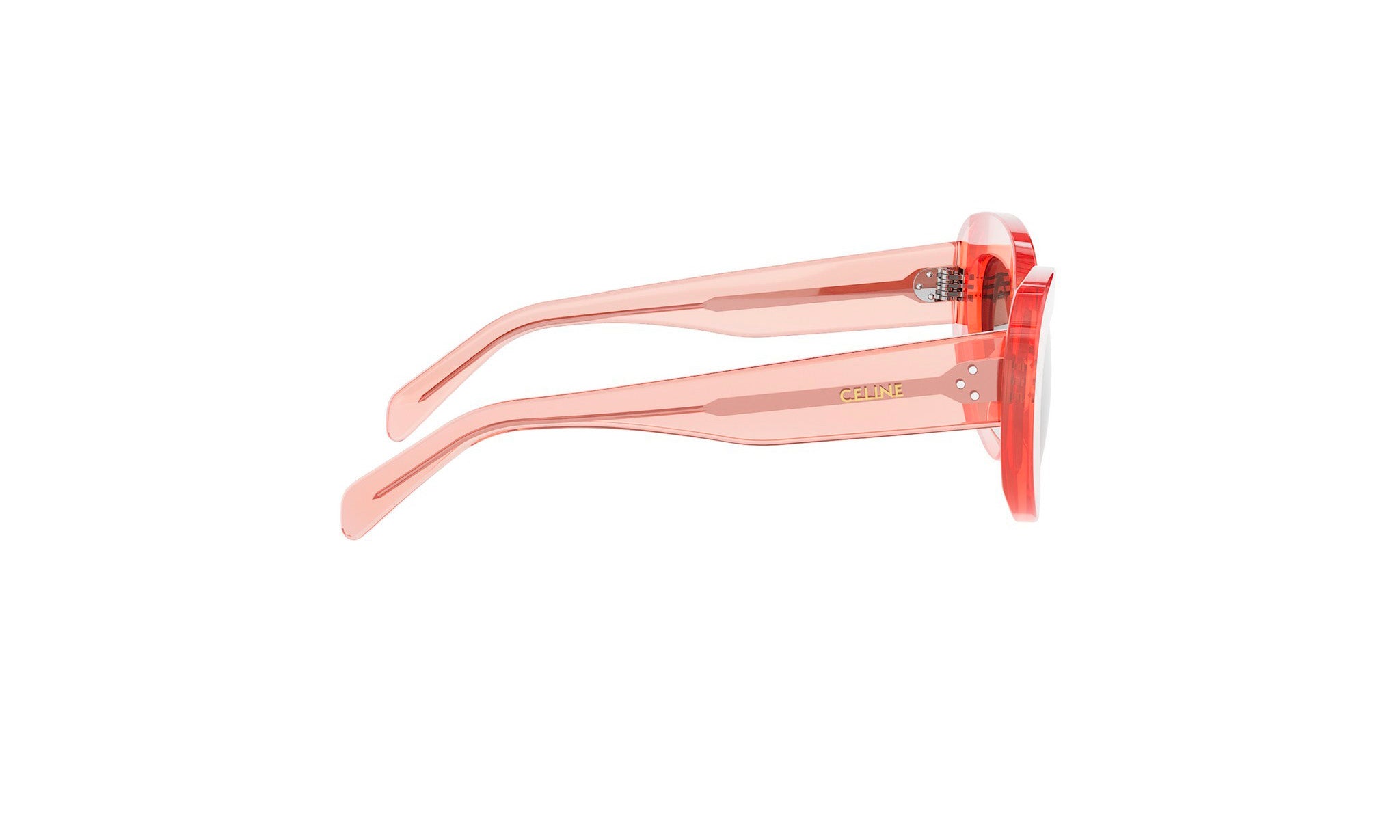 A pair of pink sunglasses with the Celine logo visible.