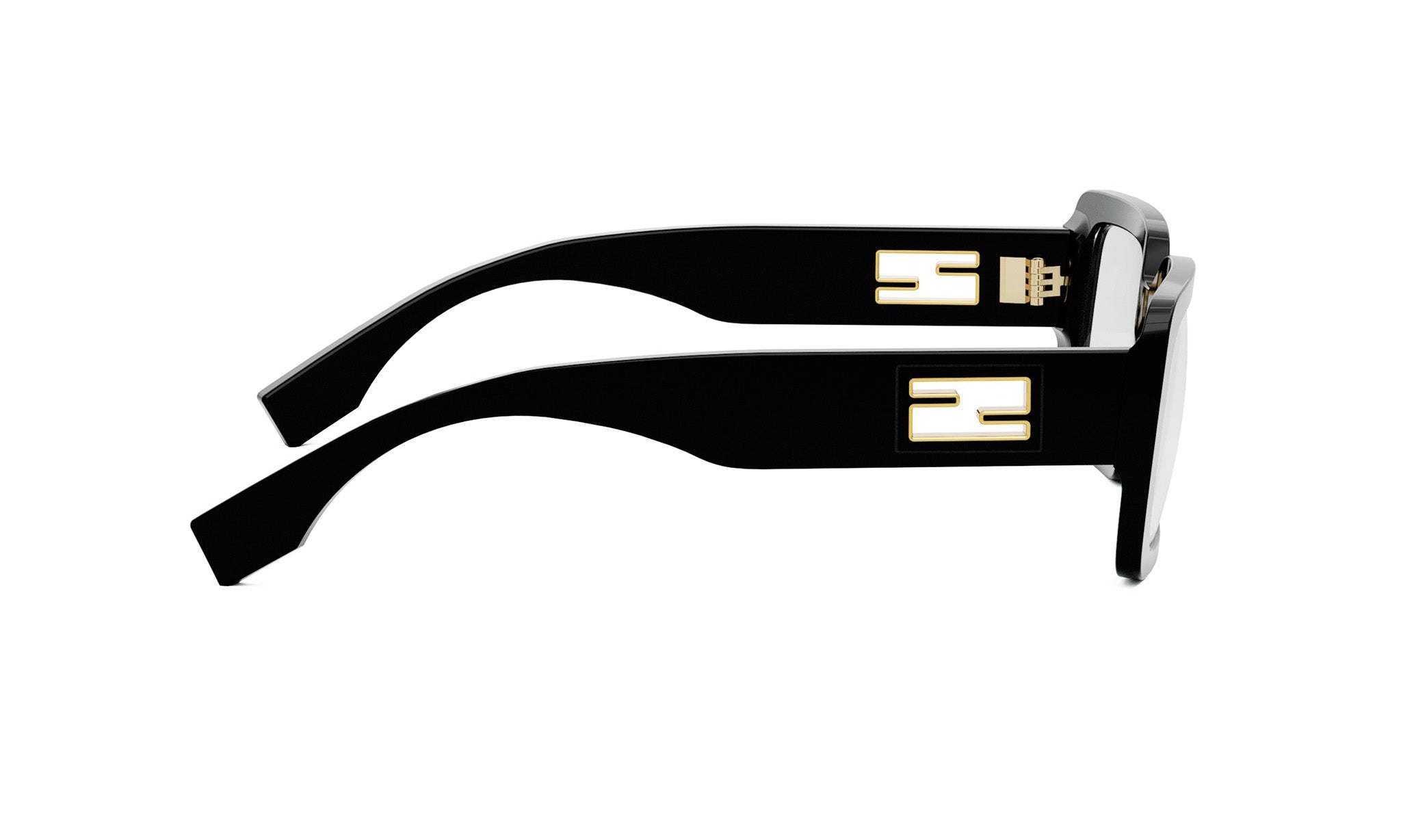 A pair of black-framed sunglasses with gold accents, featuring a logo on the temples.