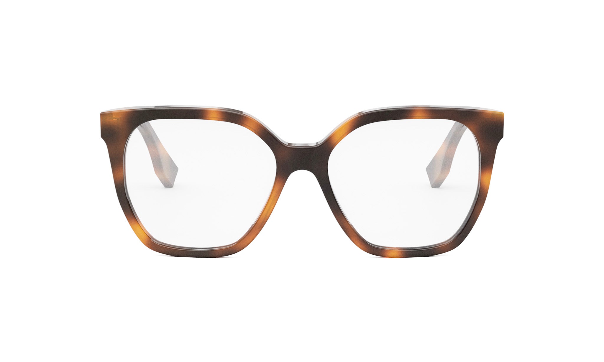 A pair of brown-framed glasses with clear lenses, set against a white background.