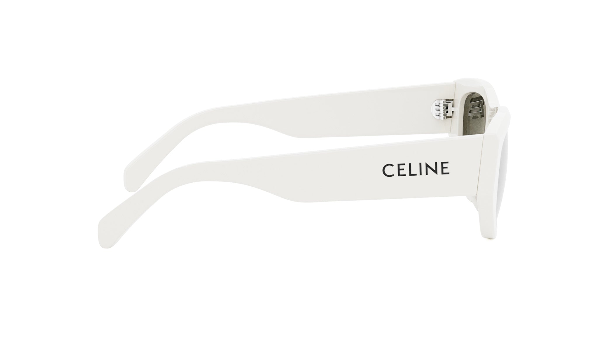 A pair of white sunglasses with the Celine logo on the frame.