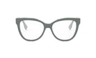 A pair of gray-framed glasses with clear lenses, presented against a white background.