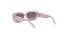 A pair of pink sunglasses with a gold logo on the frame.