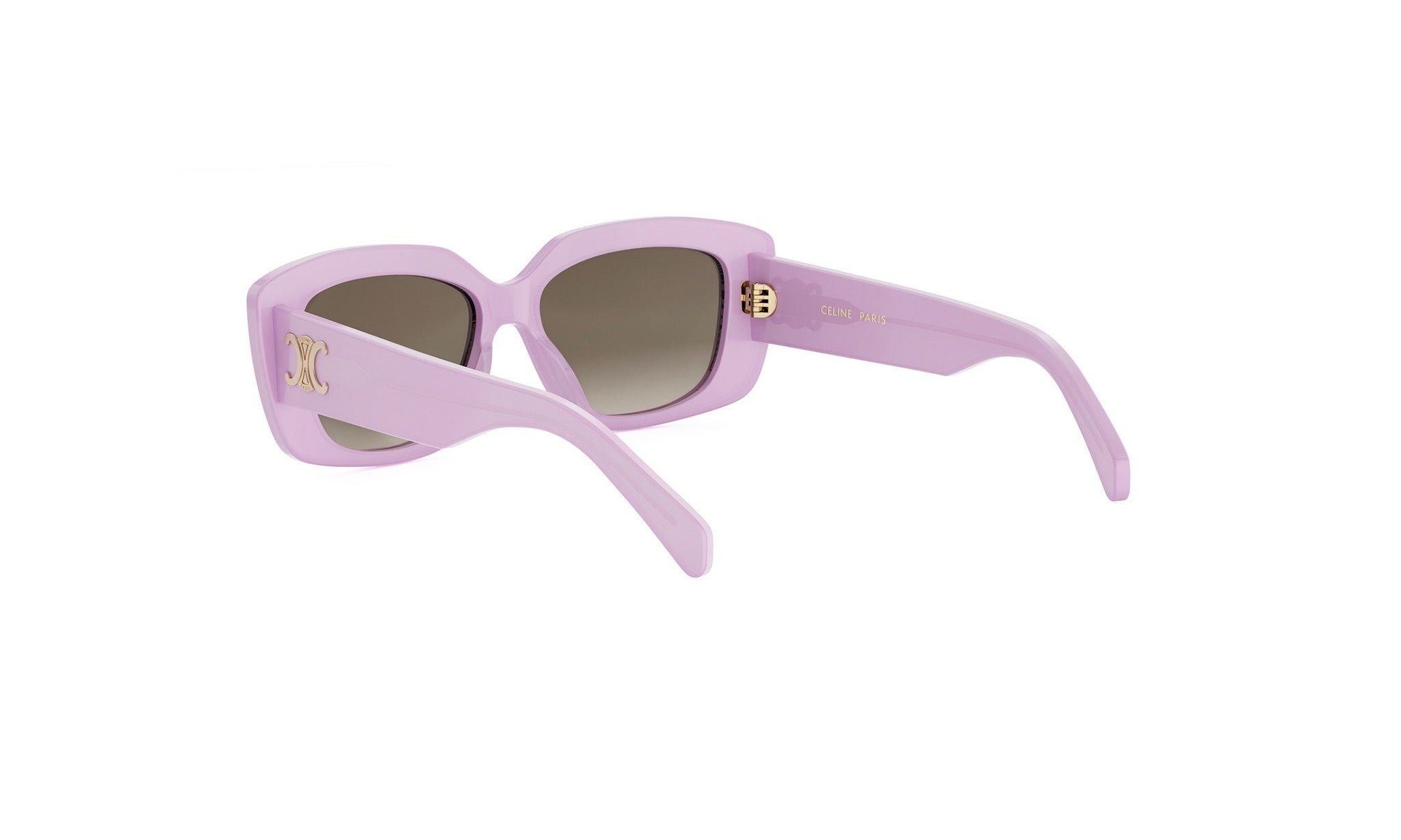 A pair of pink sunglasses with a gold logo on the frame.