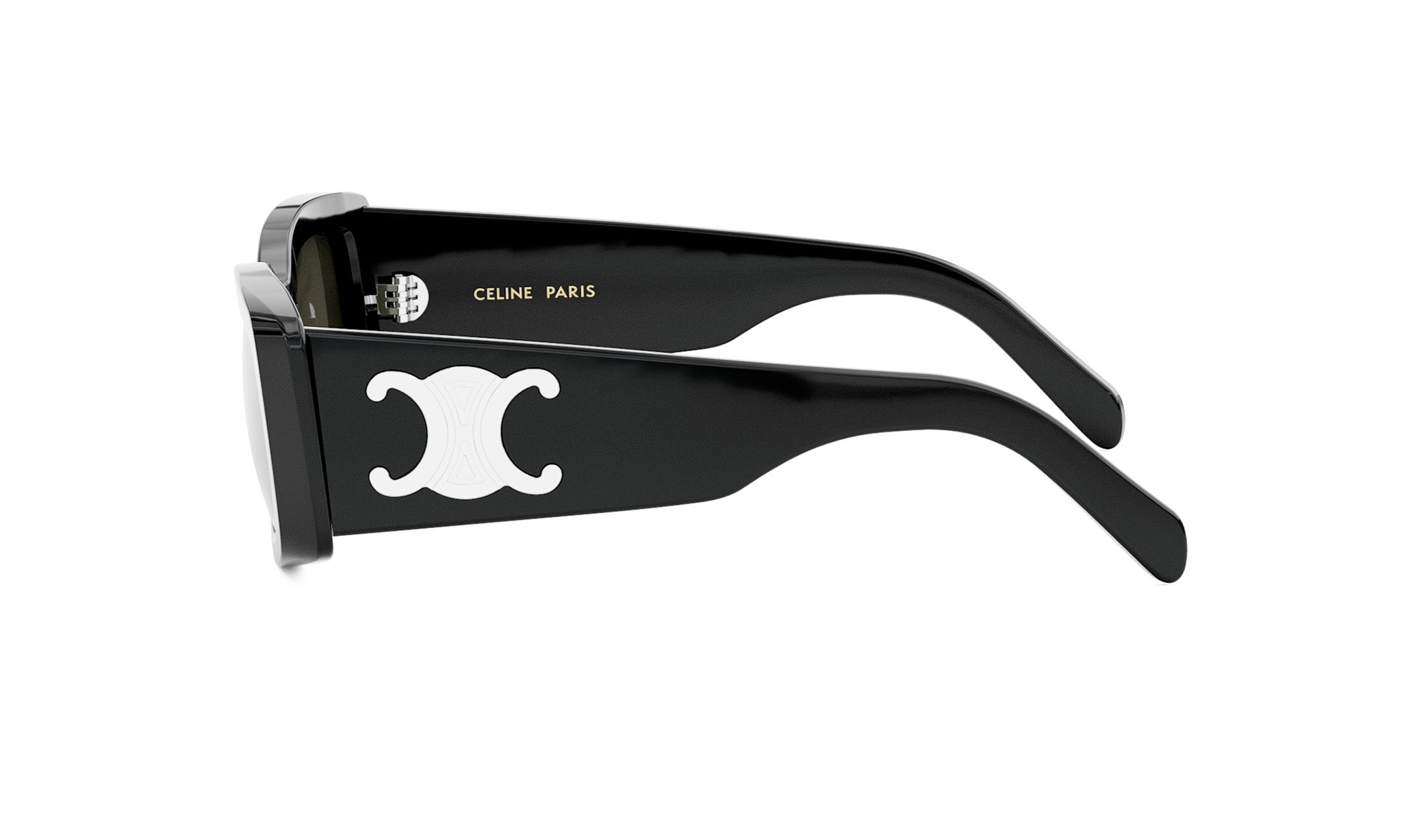 A pair of black sunglasses with a white Celine Paris logo on the frame.