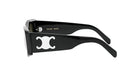 A pair of black sunglasses with a white Celine Paris logo on the frame.