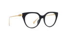 A pair of black cat-eye framed glasses with gold accents.