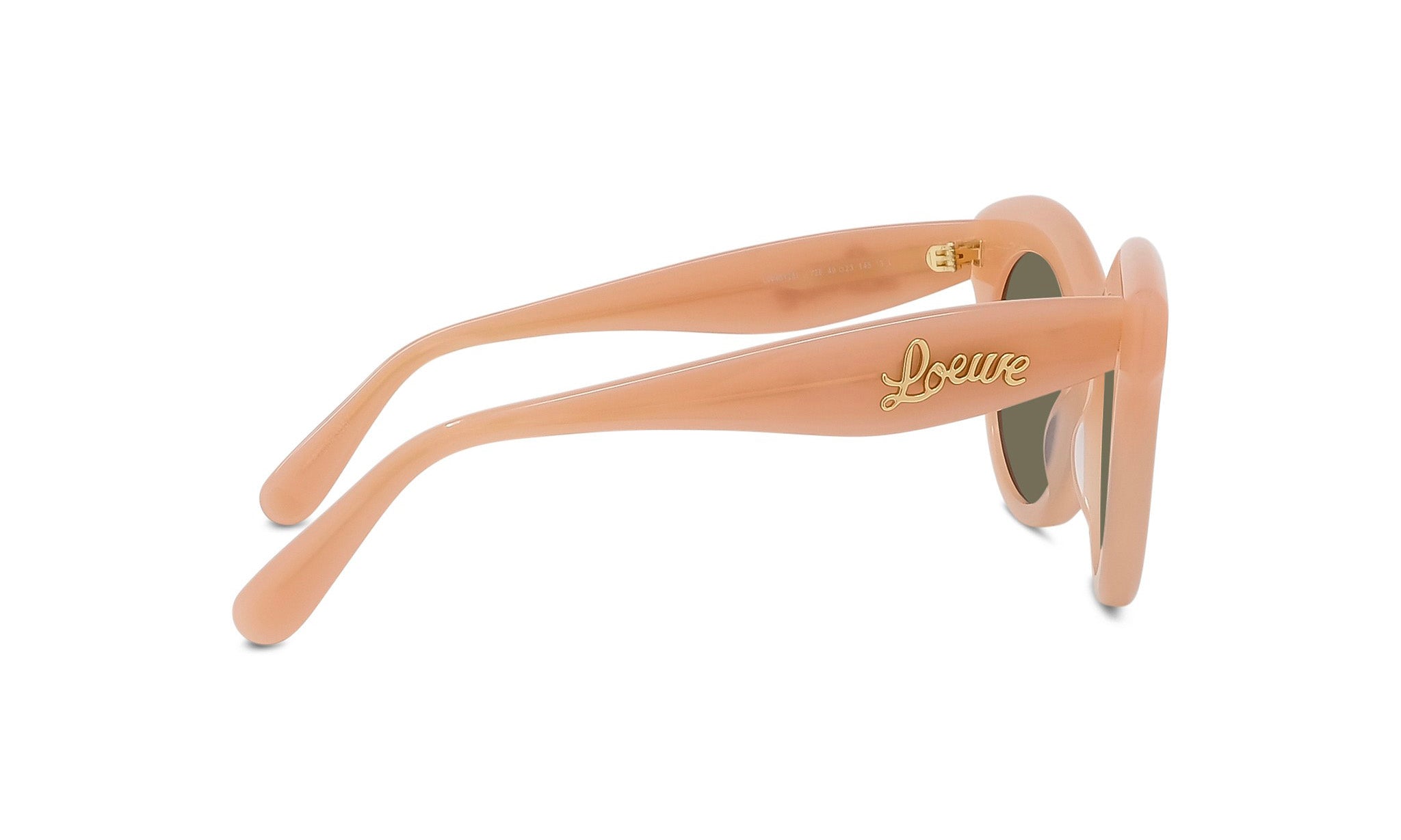 A pair of peach-colored sunglasses with the word "Lesse" engraved on the frame.
