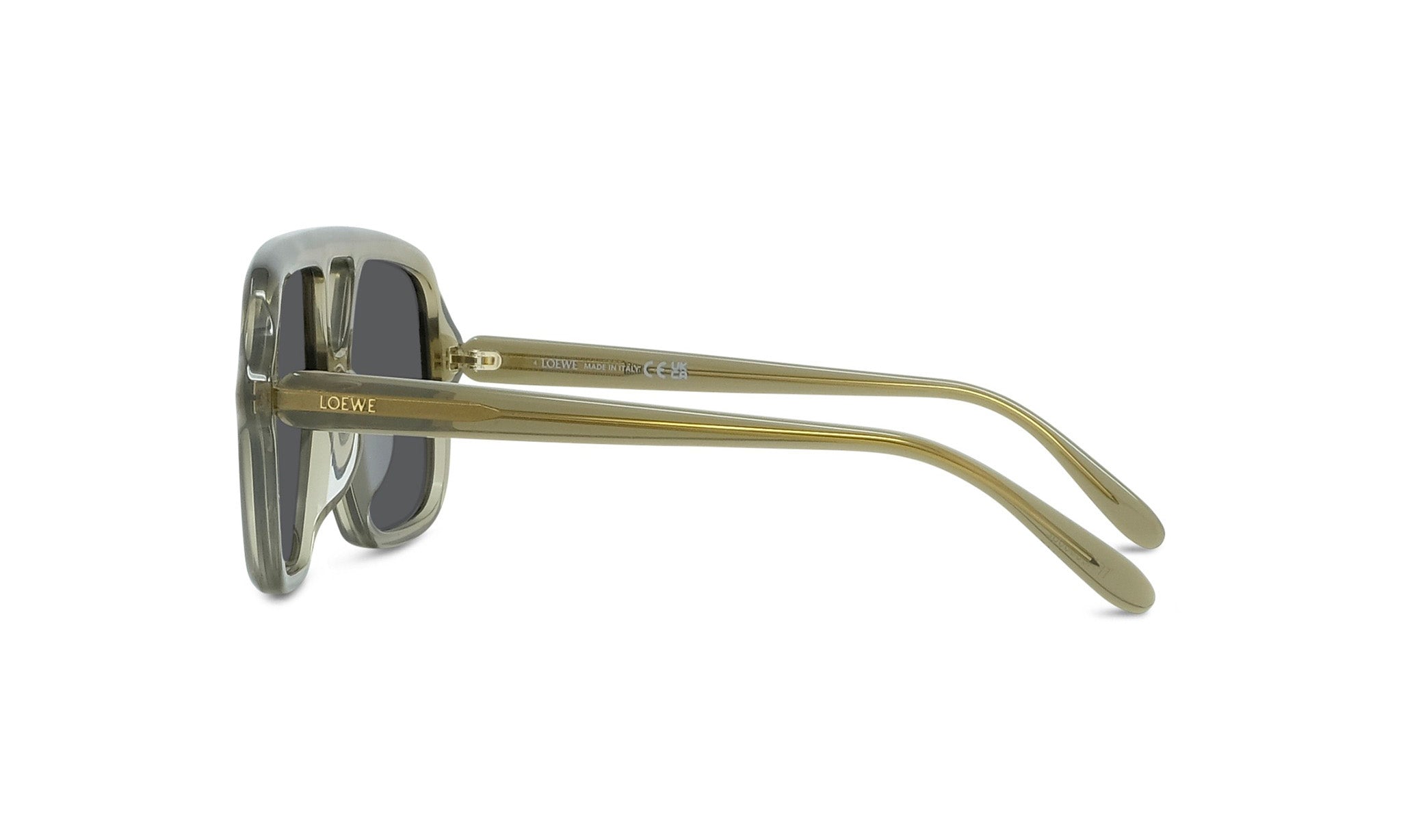 A pair of sunglasses with a gold frame and dark lenses.