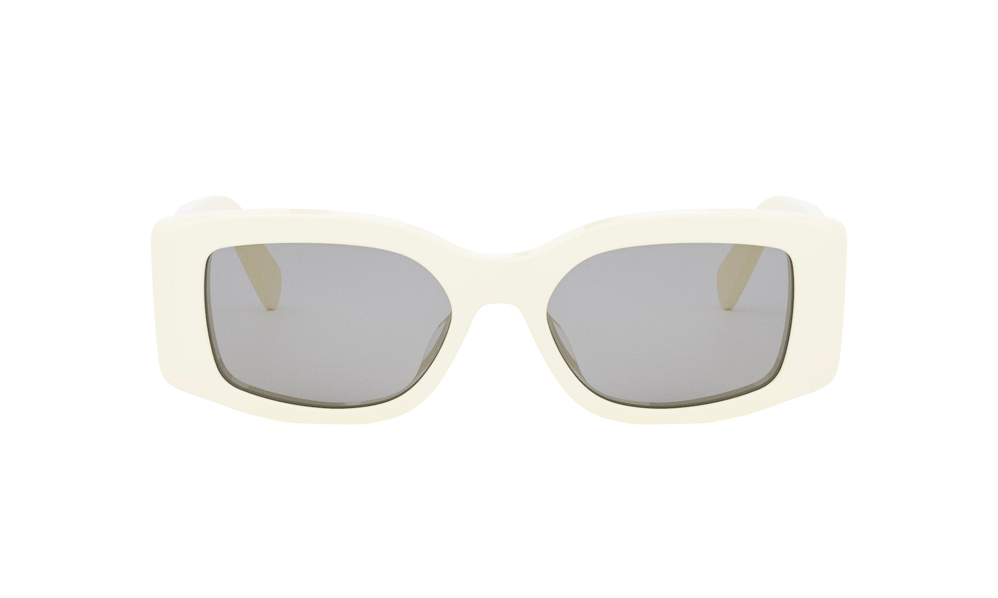 A pair of white, square-framed sunglasses with dark lenses.