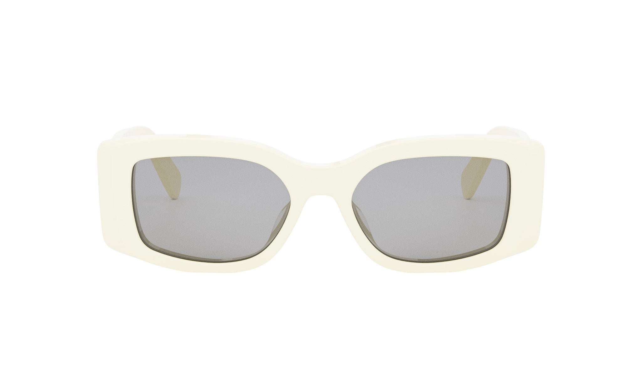 A pair of white, square-framed sunglasses with dark lenses.