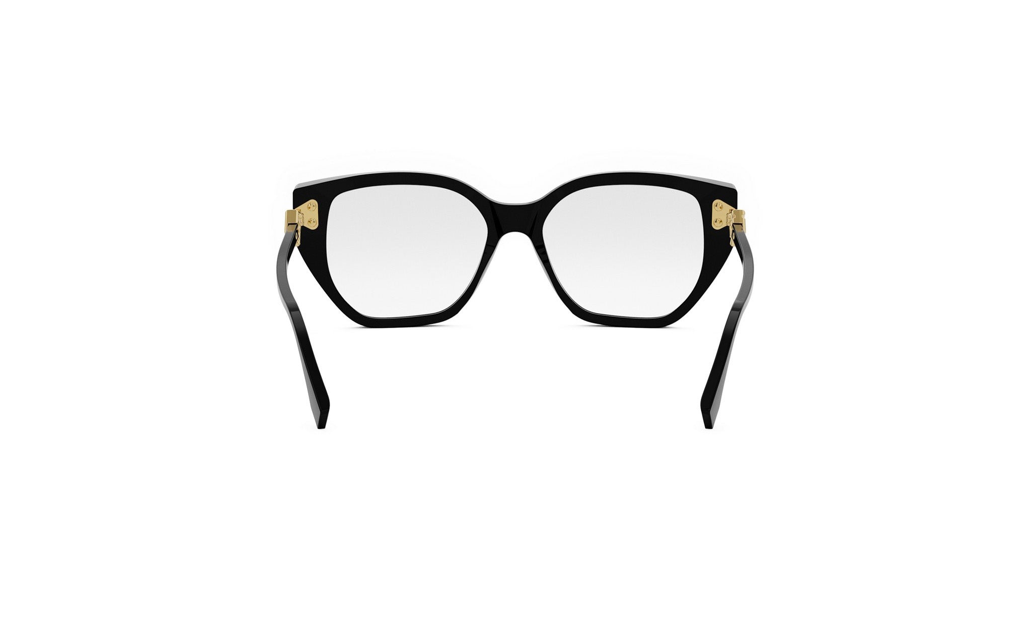 A pair of black-framed glasses with gold accents, positioned facing forward against a white background.