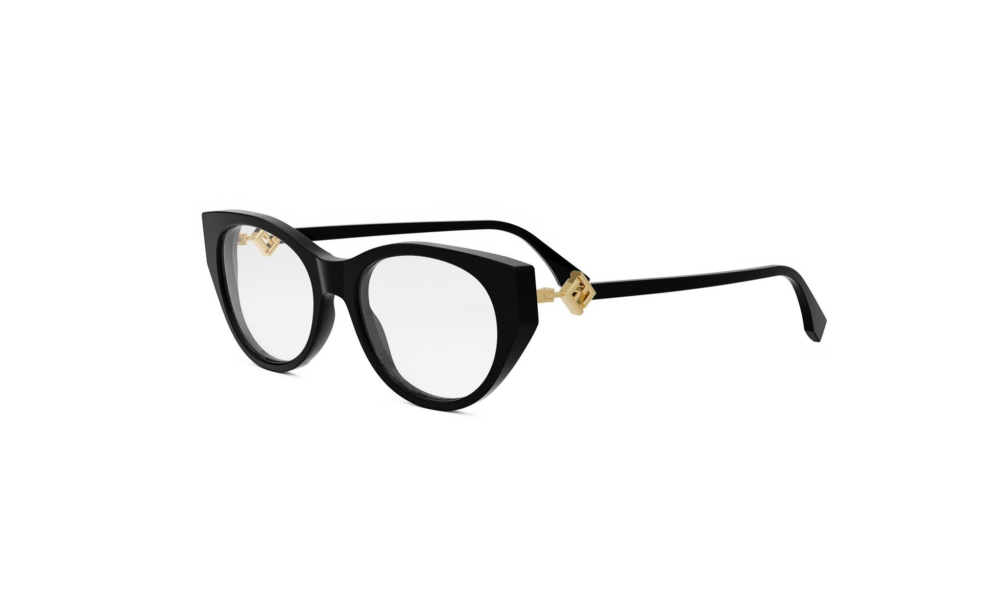 A pair of black cat-eye framed glasses with gold accents.