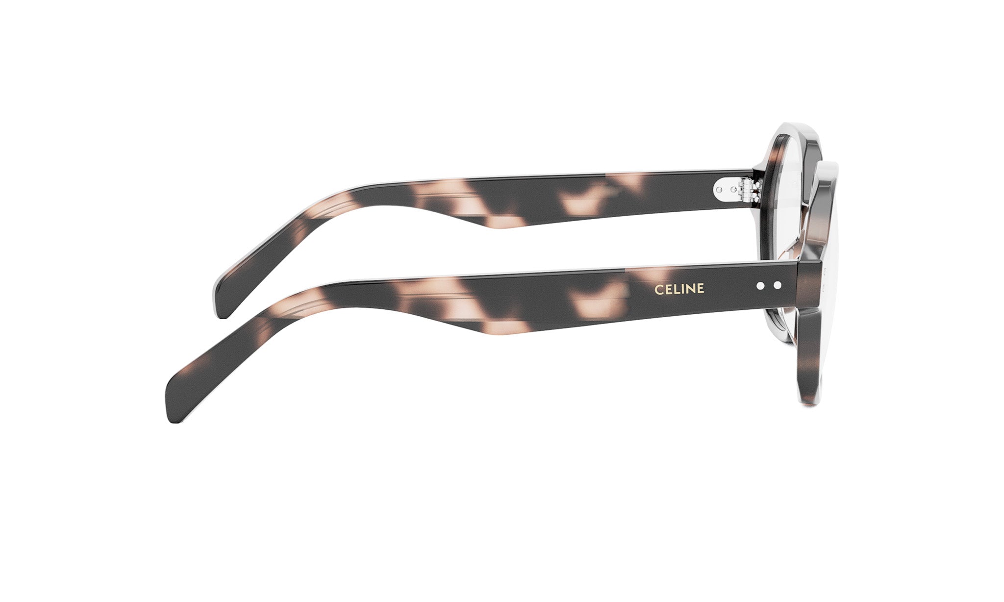 A pair of stylish sunglasses with a tortoiseshell frame and the Celine logo on the temples.
