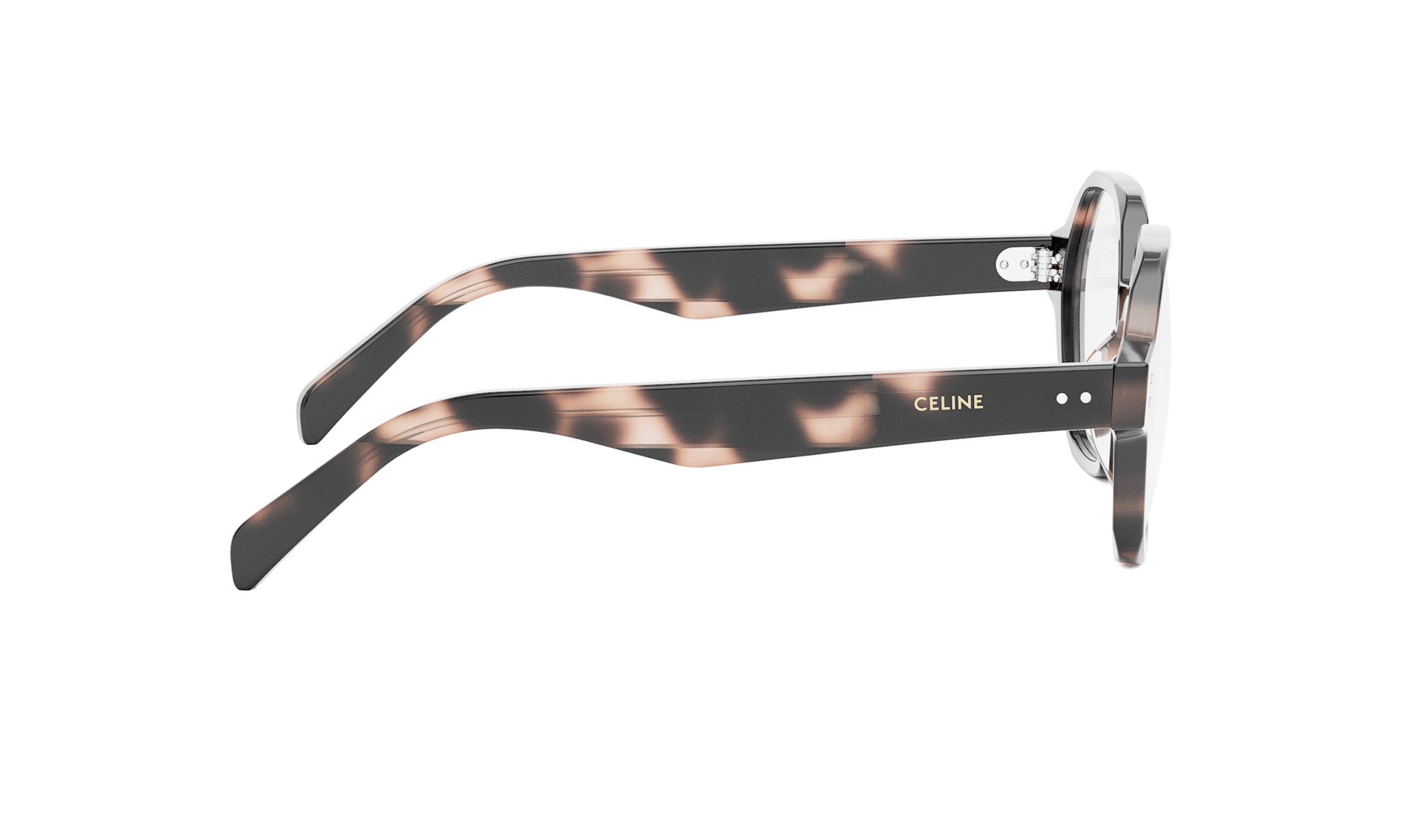 A pair of stylish sunglasses with a tortoiseshell frame and the Celine logo on the temples.