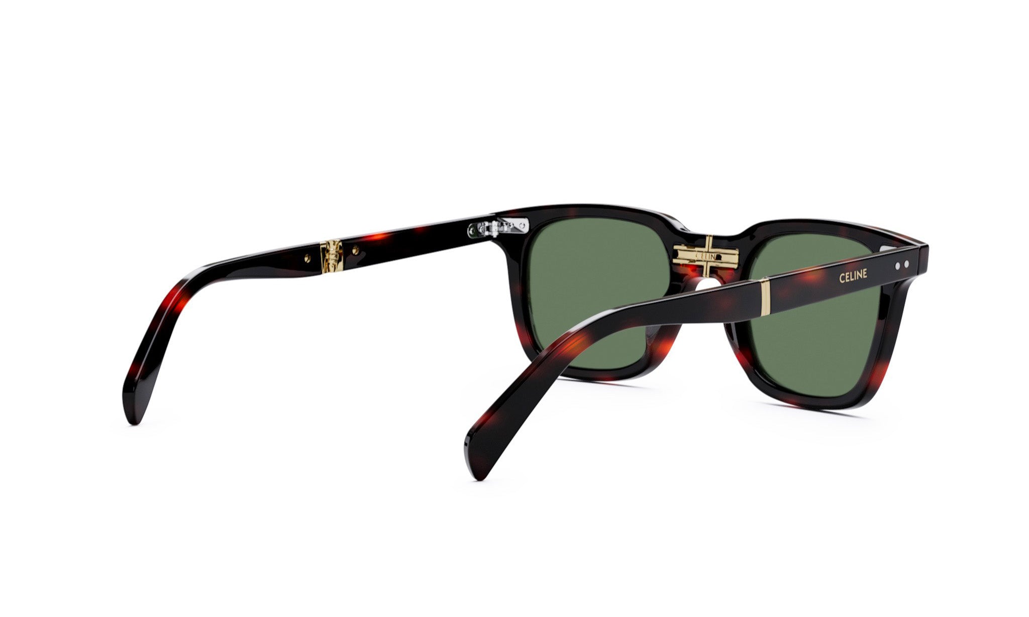 A pair of dark-framed sunglasses with green lenses, featuring a tortoiseshell frame and a gold-tone clasp.