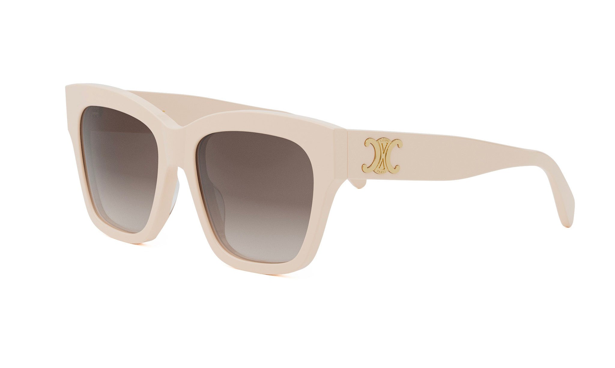 A pair of white sunglasses with a gold logo on the frame.
