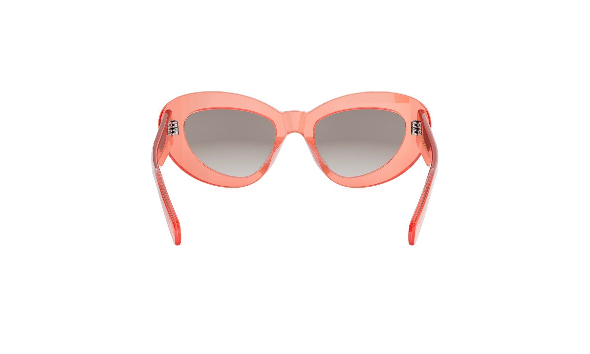 A pair of pink cat-eye sunglasses with a dark lens.