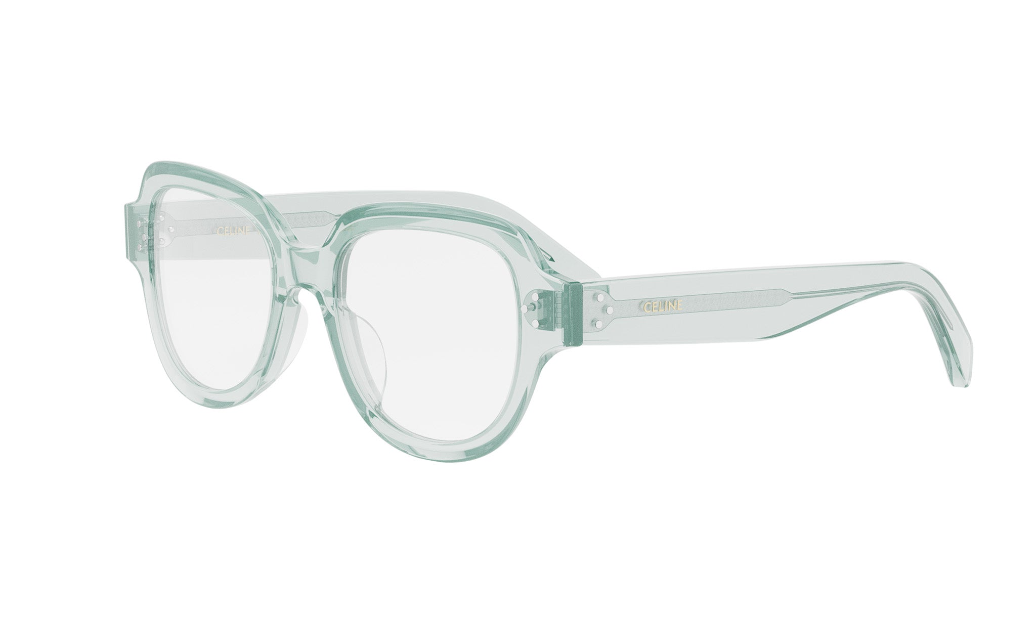 A pair of clear, mint green-colored eyeglasses with a sleek, modern design.