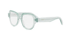 A pair of clear, mint green-colored eyeglasses with a sleek, modern design.