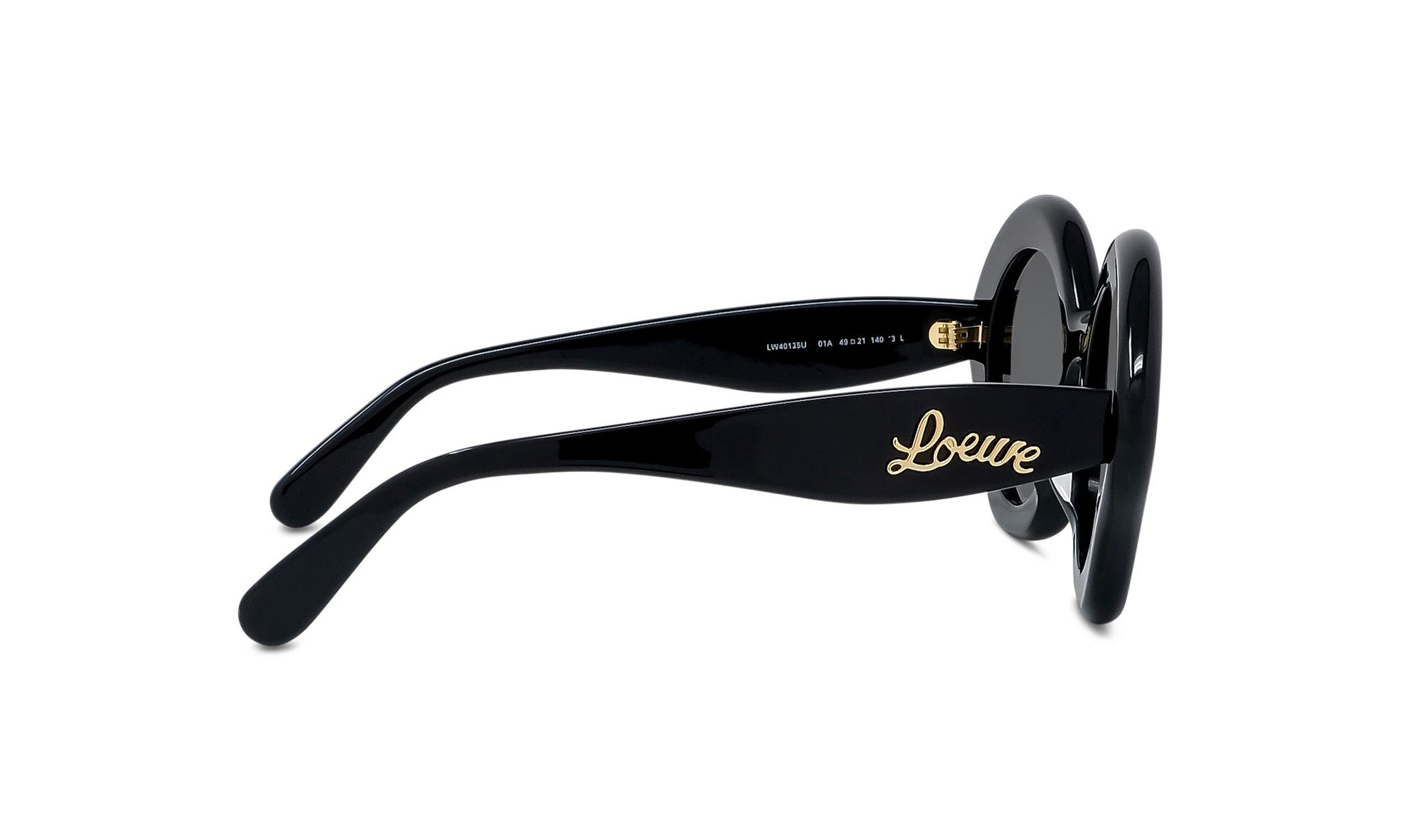 A pair of black sunglasses with gold text on the frame.