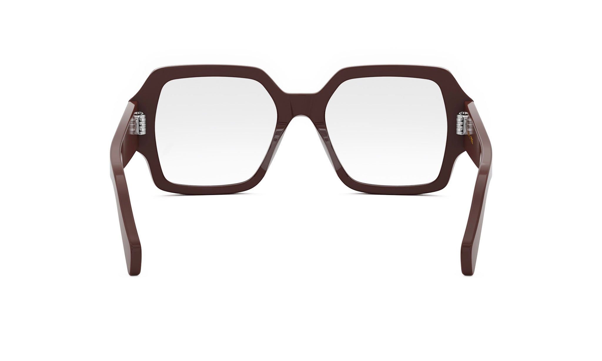 A pair of brown-framed glasses with a square frame and a clear lens.