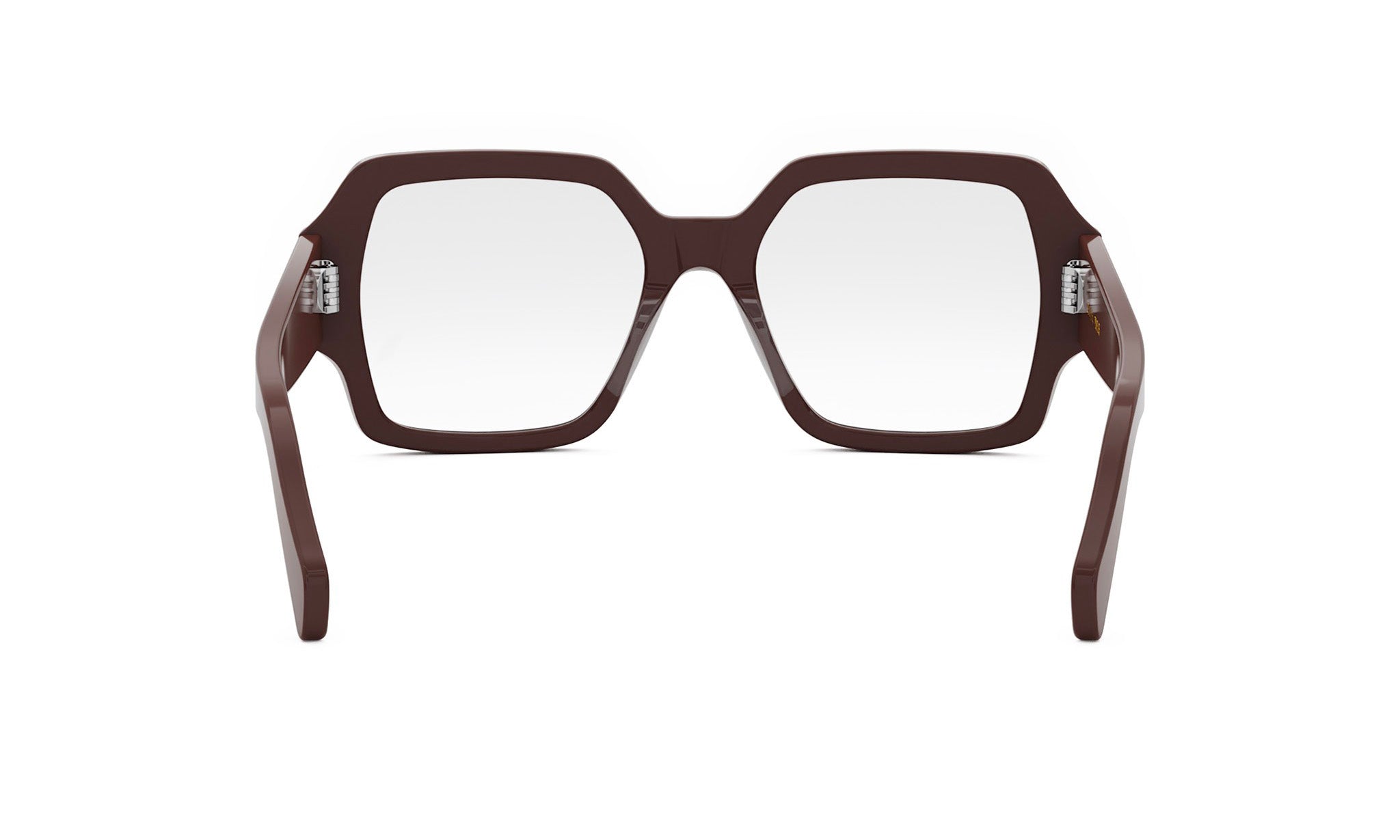 A pair of brown-framed glasses with a square frame and a clear lens.
